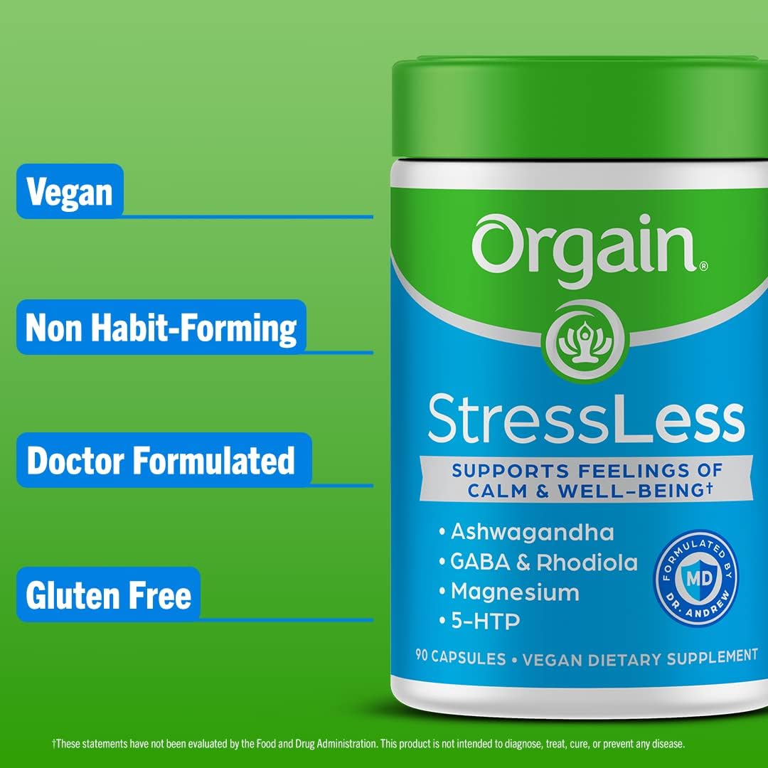 Orgain Suplemento para aliviar el estrés y el estrés, mezcla de magnesio, bálsamo de limón, GABA, 5 HTP, Rhodiola Rosea, Ashwagandha y manzanilla,