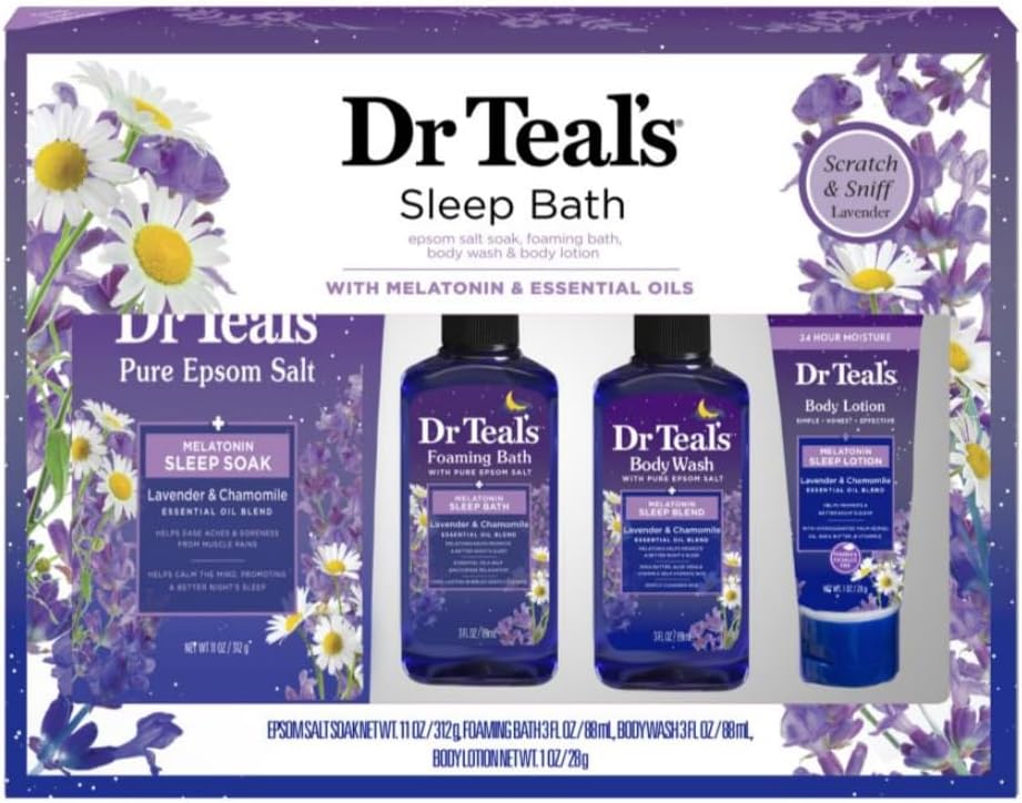 Dr Teal’s Melatonina Sleep Soak Lavender & Chamomile Epsom Salt 11oz, baño espumoso de 3 onzas, gel de baño corporal de 3 onzas, loción corporal de