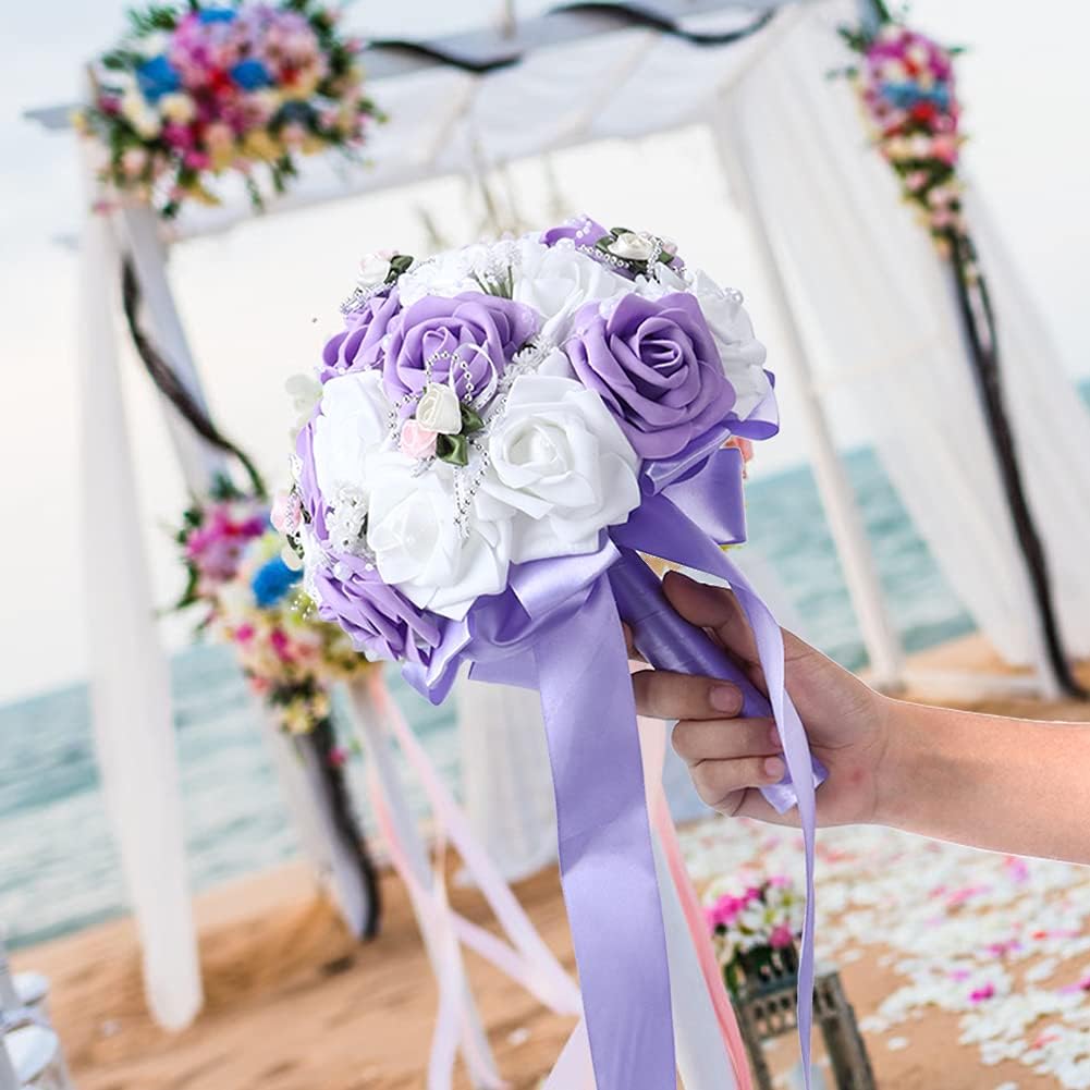 TOPINCN Ramo artificial, simulación de novia, ramo de boda, suministros de decoración para ramos de boda, centros de mesa, arreglos (morado)