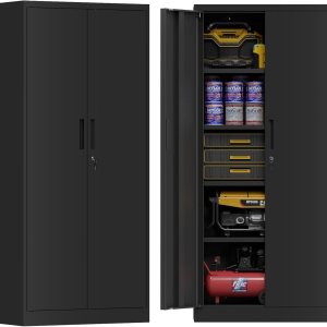 Maemttes Armario de almacenamiento de metal de 72 pulgadas con puertas y estantes, gabinetes altos de garaje con cerradura, armario de herramientas Maemttes Armario de almacenamiento de metal de 72 pulgadas con puertas y estantes, gabinetes altos de garaje con cerradura, armario de herramientas