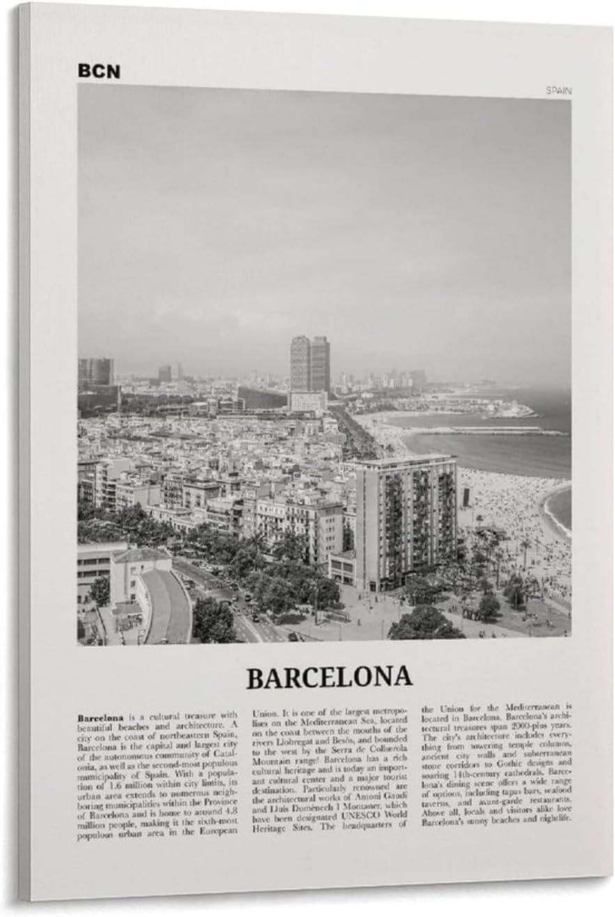 Barcelona Print Playa en blanco y negro, arte de pared de Barcelona, póster de Barcelona, foto de Barcelona, póster de lienzo de Barcelona, arte de