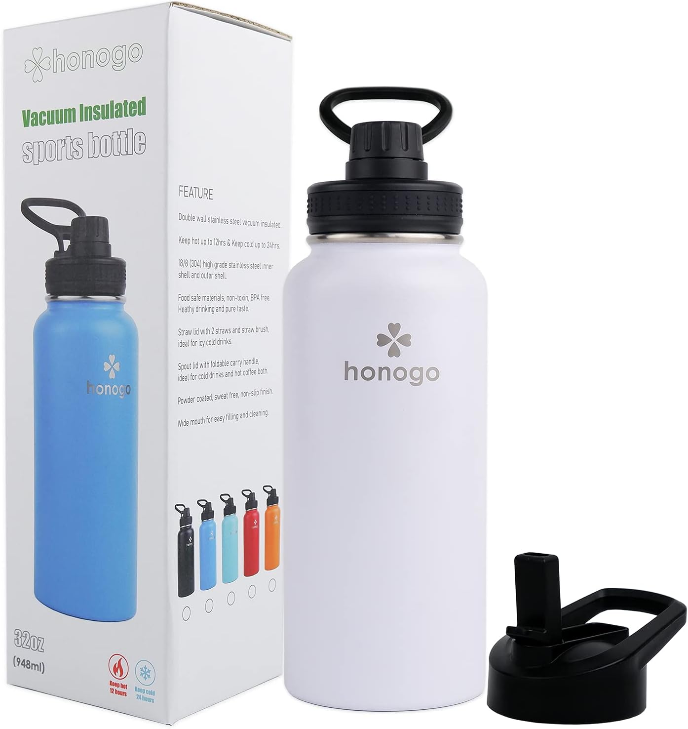 Botella de agua deportiva de 32 onzas con recubrimiento en polvo de doble pared aislada al vacío, termo de boca ancha de acero inoxidable 188 con