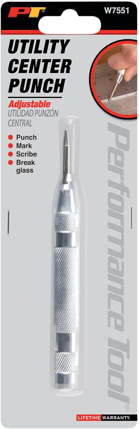 Performance Tool Punzón central automático ajustable W7551 de 5 pulgadas con metal de acero endurecido resistente para perforar agujeros precisos y