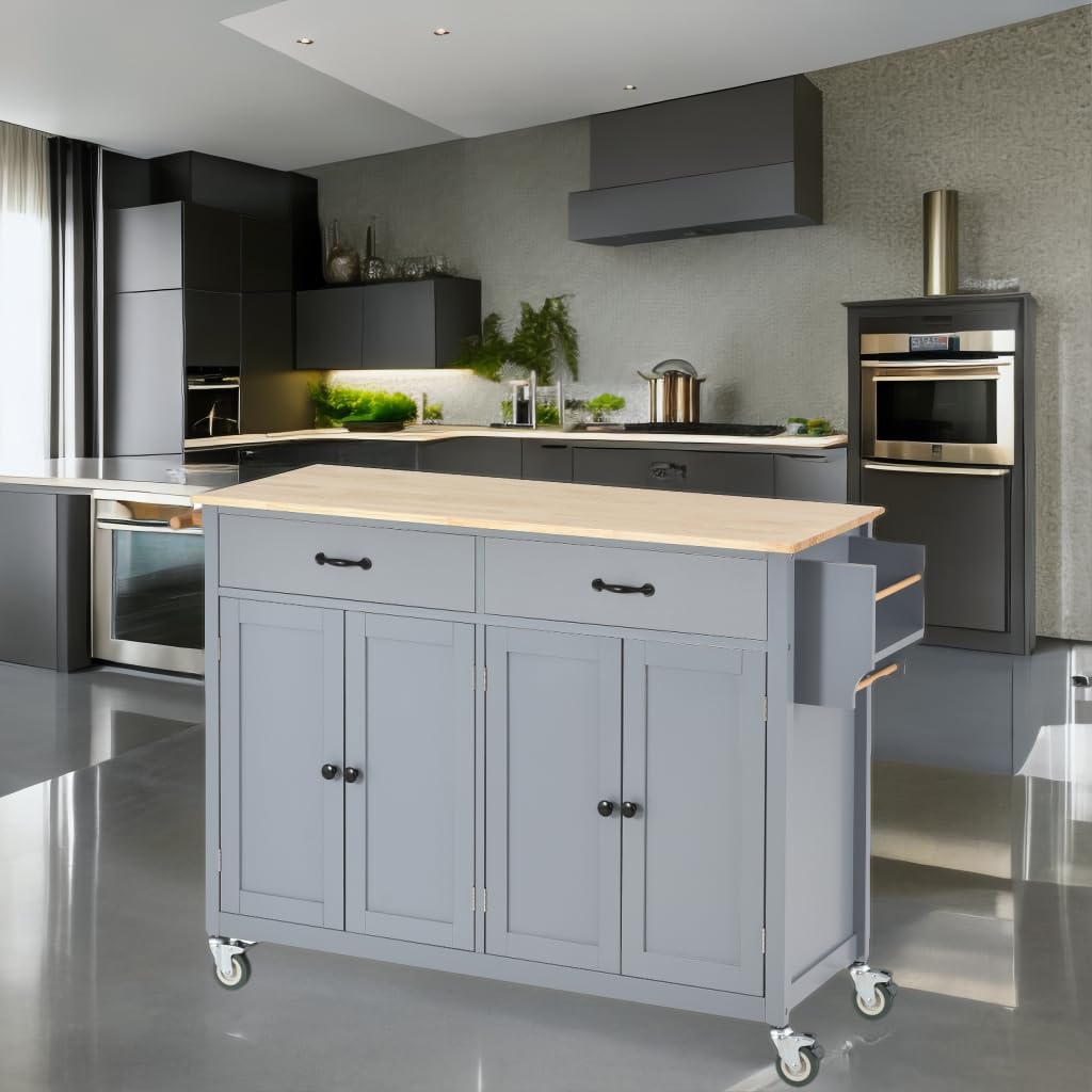 Isla de cocina rodante con almacenamiento, carrito de mesa de cocina portátil, 2 cajones y ruedas con cerradura, 2 gabinetes, encimera de madera de