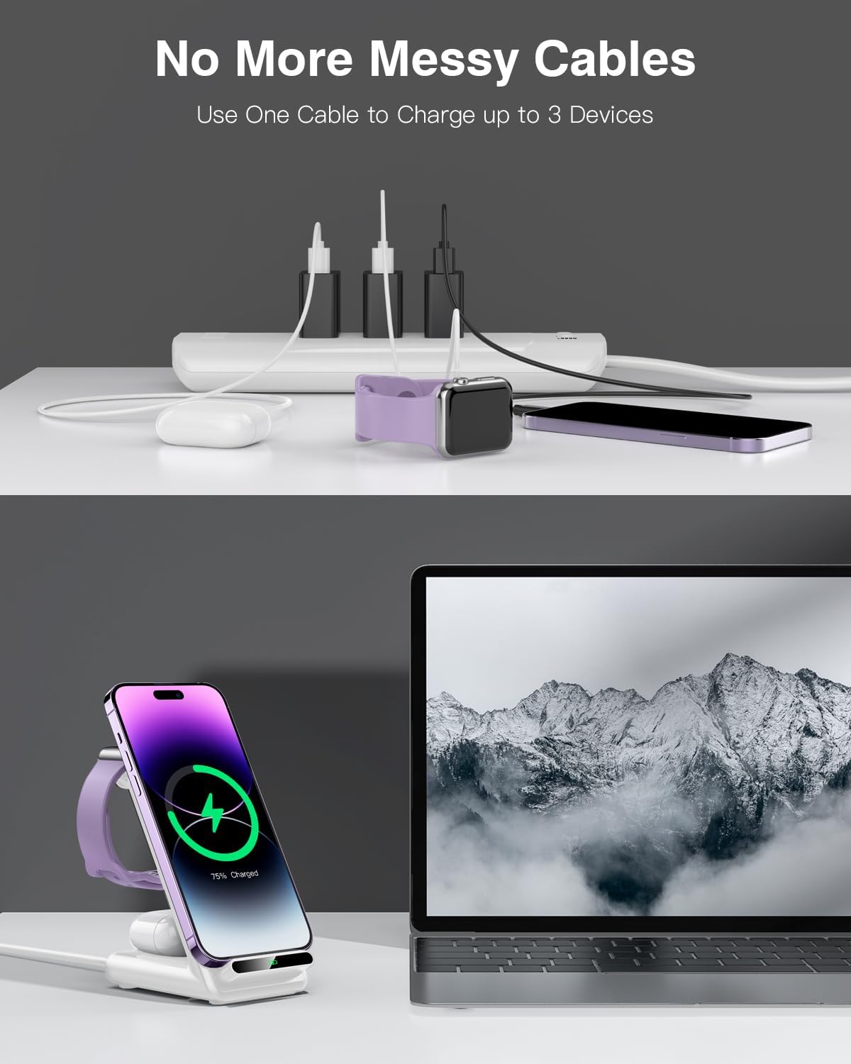 Estación de carga inalámbrica, soporte de carga inalámbrico 3 en 1 hecho para Apple Watch Ultra 9 8 7 6 SE 5 4 3, cargador inalámbrico rápido hecho