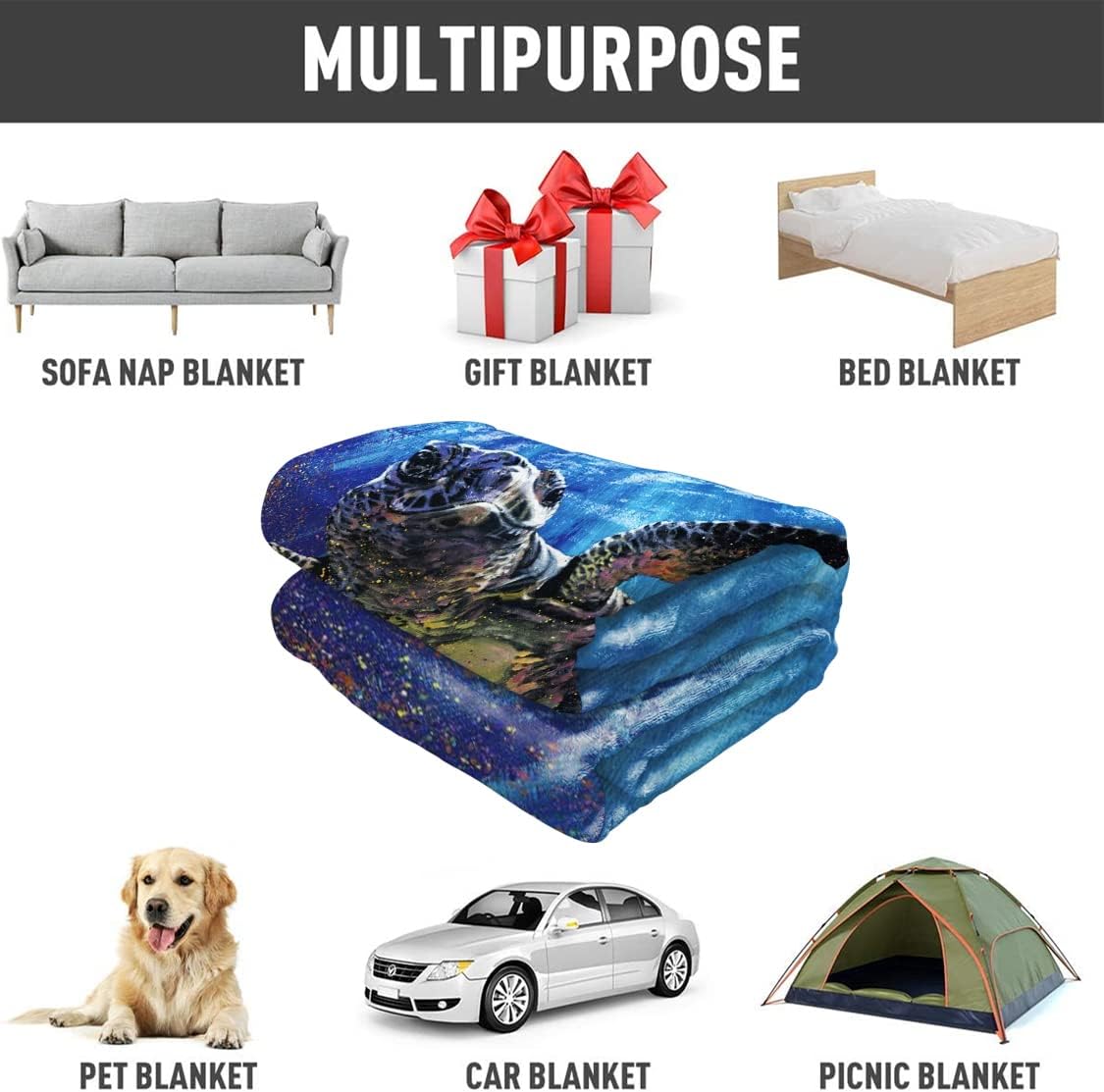 Manta de felpa suave y cálida de 60 x 80 pulgadas para sofá, tortuga marina, animal decorativo fino
