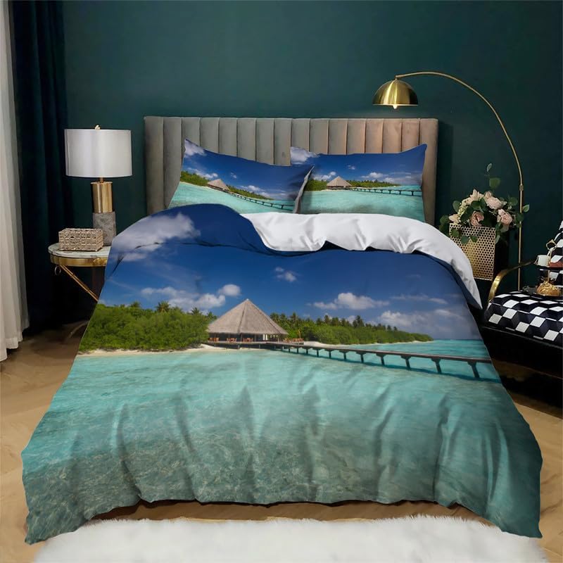 Azure Beach – Juego de funda de edredón con estampado de vista completa, funda de edredón de microfibra suave y 2 fundas de almohada de 20 x 26