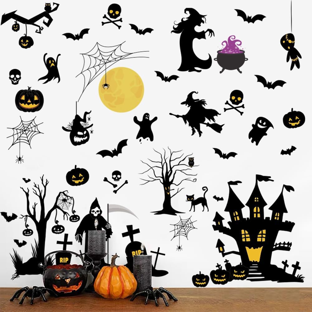 Calcomanías de pared de bruja de Halloween, decoración de pared de murciélago de luna de Halloween, decoración de pared de vinilo para despegar y