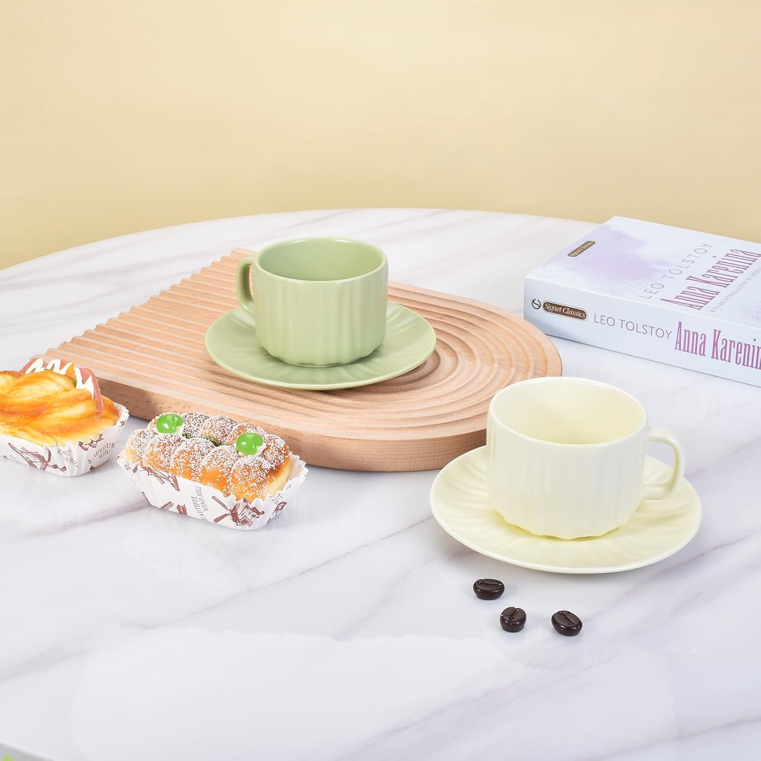 Denovin Juego de taza de café y platillo de cerámica, taza de café de capuchino Demitasse con rayas de melón amargo, 8 onzas, perfecta para té con
