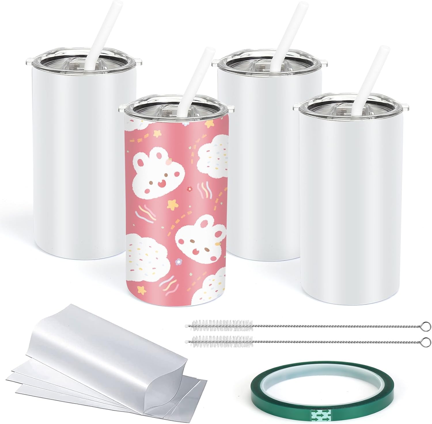 Rommeka Vasos de sublimación de 12 onzas, paquete de 4 vasos de sublimación de acero inoxidable rectos y delgados para niños con tapas y pajitas,