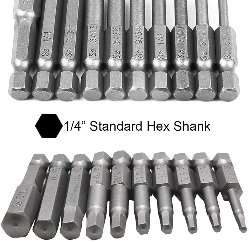 Bestgle Juego de 10 puntas de destornillador de cabeza hexagonal magnética 564-516 SAE con vástago hexagonal de 14 pulgadas, longitud de 1.969 in
