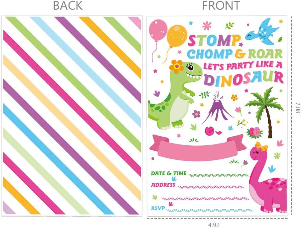 WERNNSAI Invitaciones de fiesta de dinosaurios con sobres, suministros de fiesta de dinosaurios para niñas, cumpleaños, baby shower, fiesta, juego