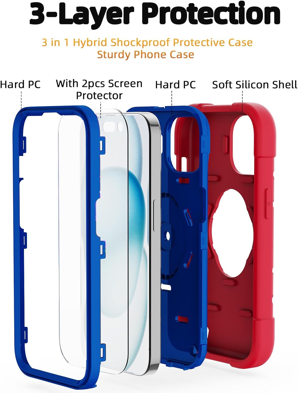 KCJ Funda compatible con iPhone 15 Plus14 Plus con 2 protectores de pantalla soporte de anillo silicona suave + policarbonato duro, protección de