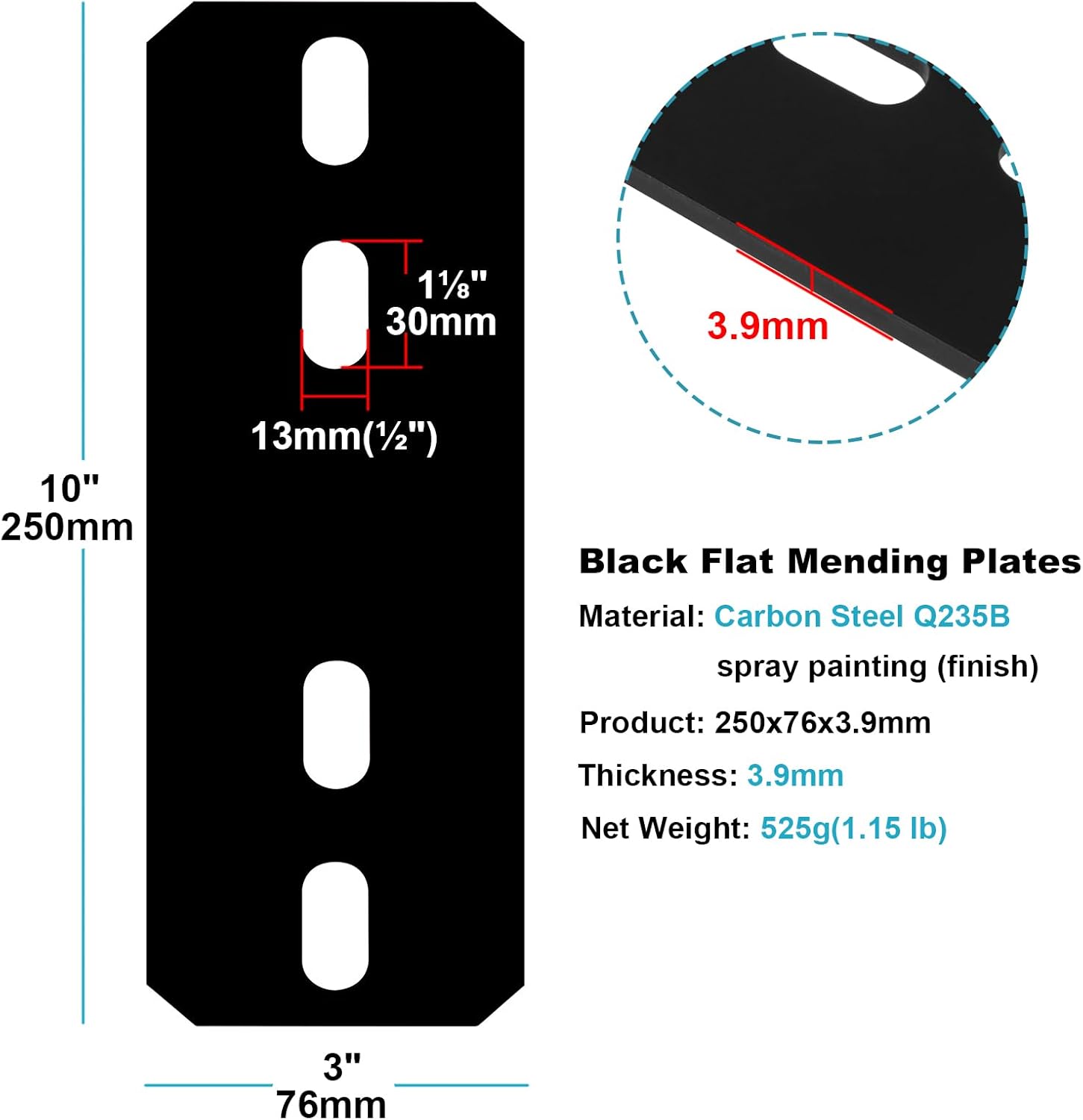 Paquete de 4 placas de reparación planas ranuradas negras resistentes de 10 pulgadas para postes de 4 x 4, ancho de 3 pulgadas, soporte de fijación
