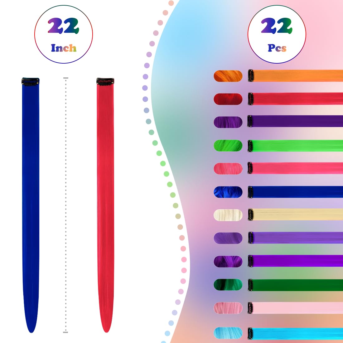 22 extensiones de cabello de colores con clip, accesorios de 22 pulgadas de largo, lacias, resistentes al calor, sintéticas, para fiestas de