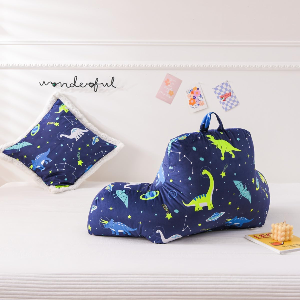 NTBED Almohada de lectura con estampado de dinosaurio, respaldo de cuña con brazos, sofá, TV, relajación, almohada de apoyo para la espalda, cojín