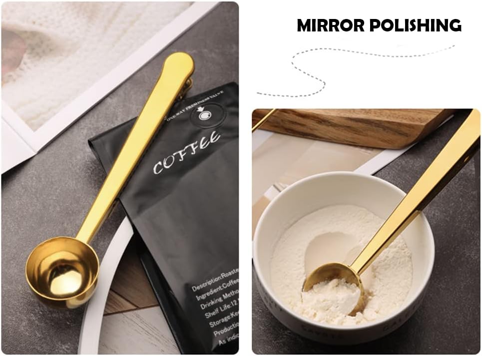 Clip de cuchara de café, cucharada de acero inoxidable, cuchara medidora de café, clip de bolsa de sellado para té, café (dorado)
