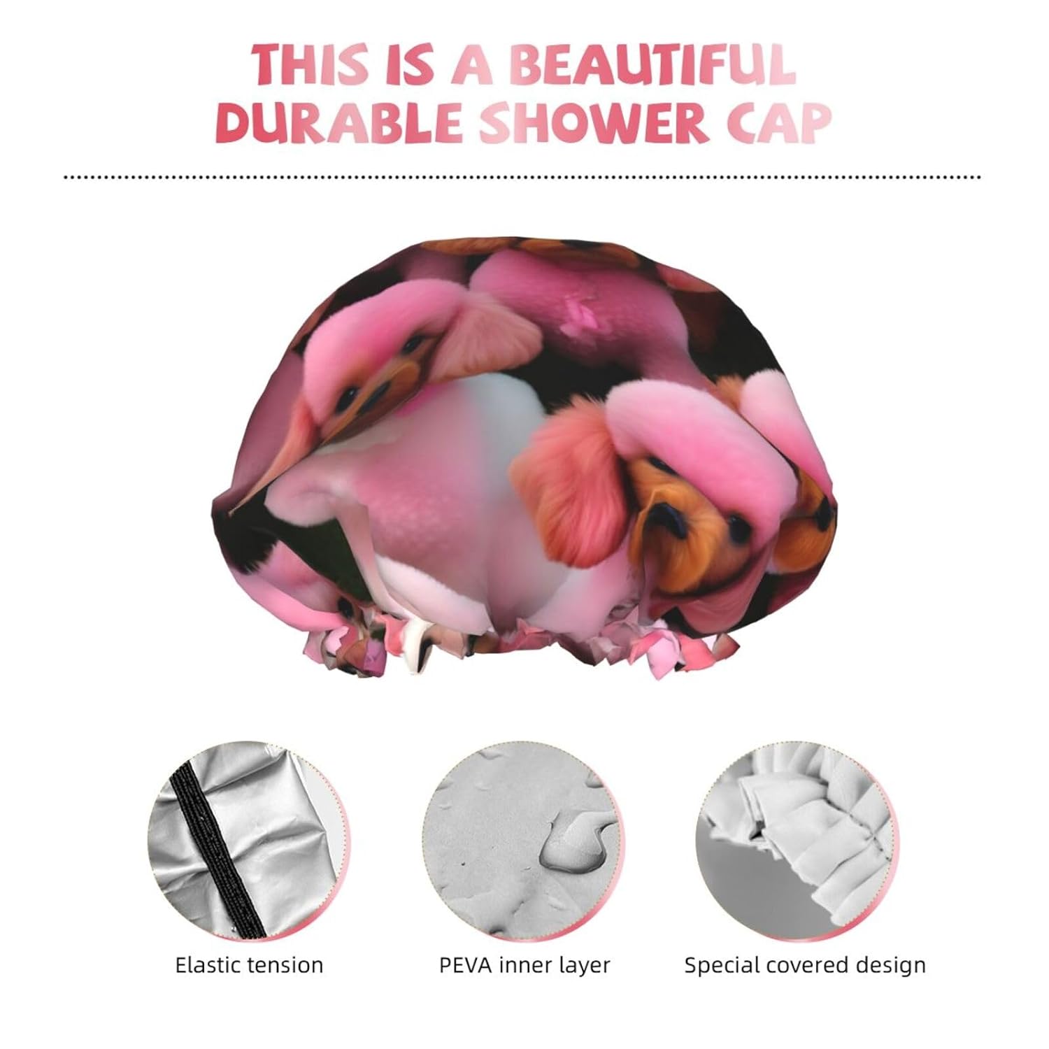 Gorro de ducha reutilizable con estampado de caniches rosados para mujer, doble capa impermeable, gorro de baño de secado rápido