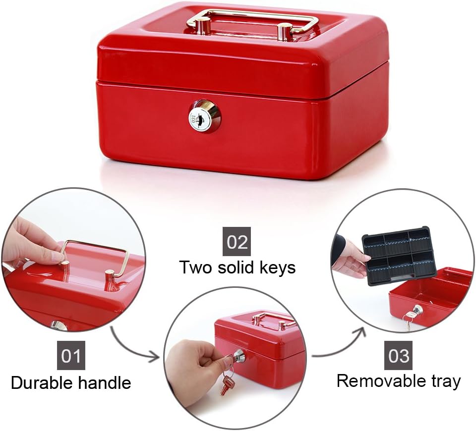Decaller – Caja de efectivo pequeña con cerradura de llave, portátil de metal con doble capa y 2 llaves para seguridad, rojo, 15,7 x 12,7 x 7,62 cm,
