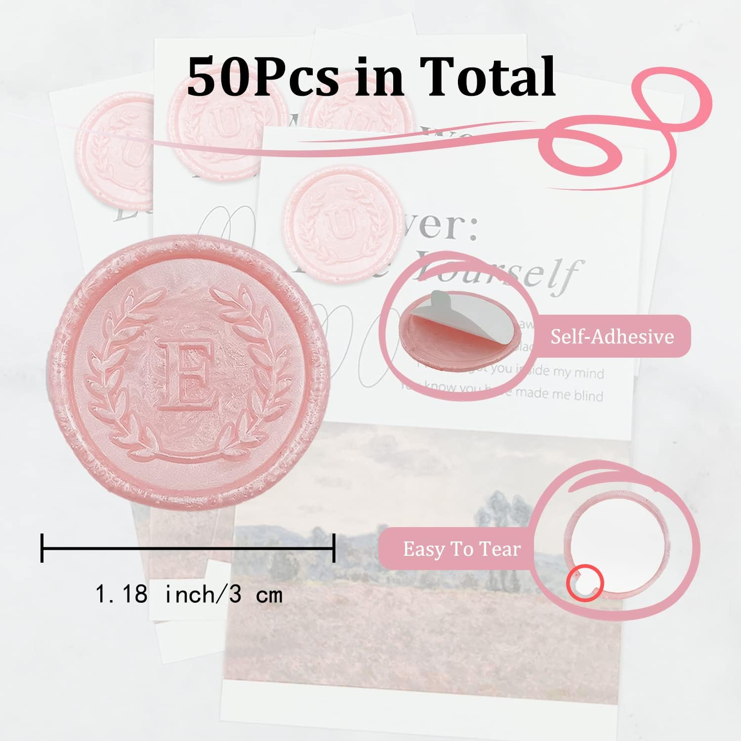 50 calcomanías adhesivas de cera con letra E, hechas a mano, sin necesidad de sellar, rasgar y usar calcomanías de cera para invitaciones de boda,