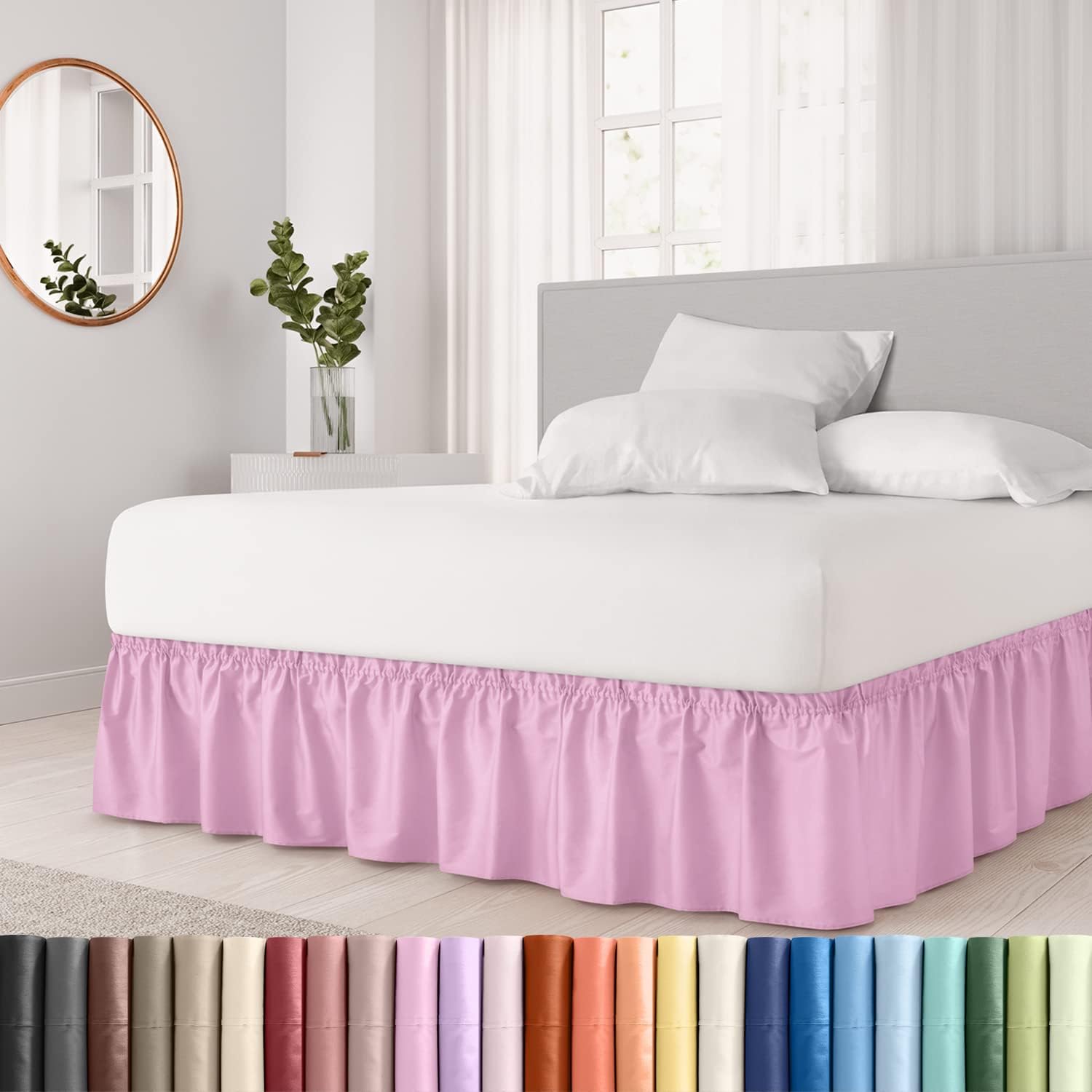 CGK Linens – Falda de cama envolvente con volantes, color rosa claro, para camas de tamaño individual con caída de 24 pulgadas, correa elástica de