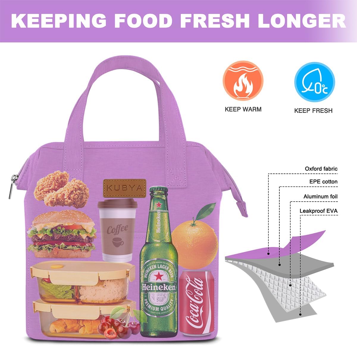 KUBYA Lonchera simple para mujeres y hombres, bolsa de almuerzo aislada y 1 bolsa de almacenamiento, bolsa de almuerzo simple reutilizable para el