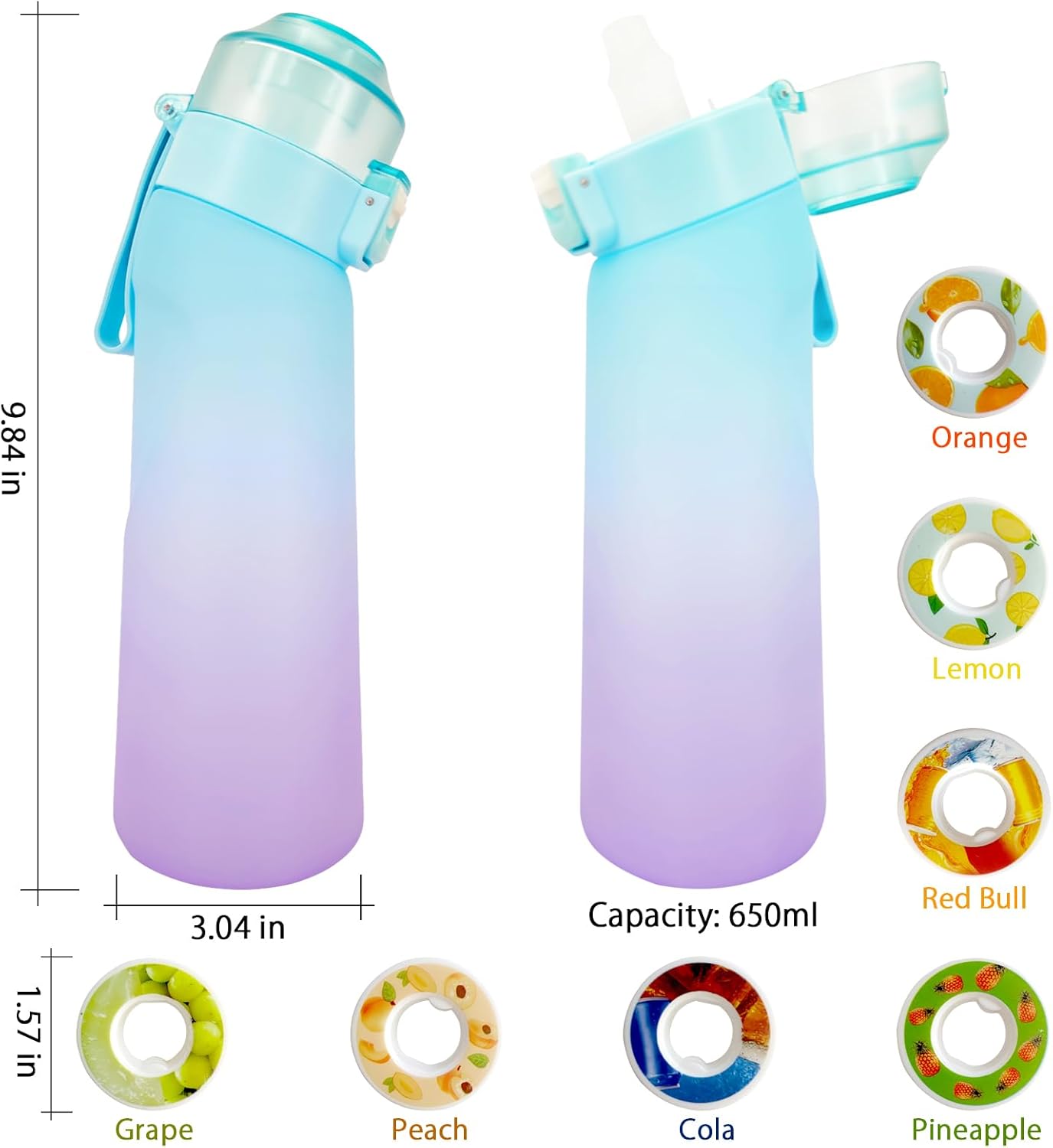 Botella de agua de aire, taza de agua con aroma de 25.4 onzas fluidas con 7 cápsulas de sabor, taza de agua deportiva a prueba de fugas con pajilla,
