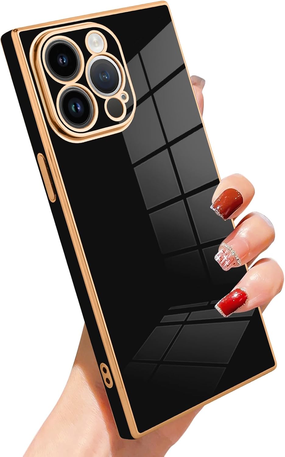 SAKUULO Funda de teléfono para iPhone 15 Pro Max, bonita funda cuadrada dorada chapada en oro para mujeres y niñas, TPU suave, a prueba de golpes,