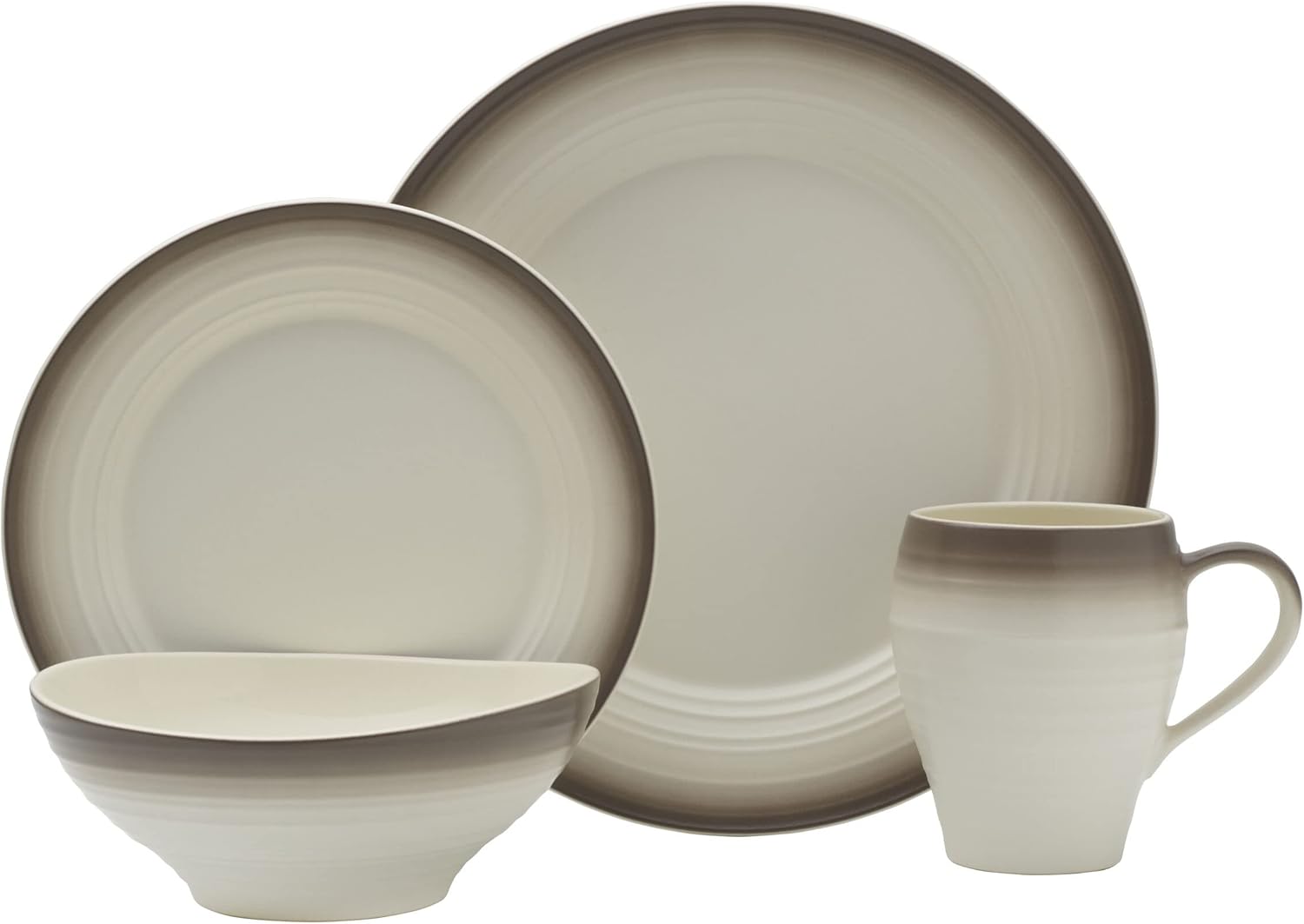 Mikasa Swirl White – Juego de 4 piezas, servicio para 1, con bandas de moca ombré