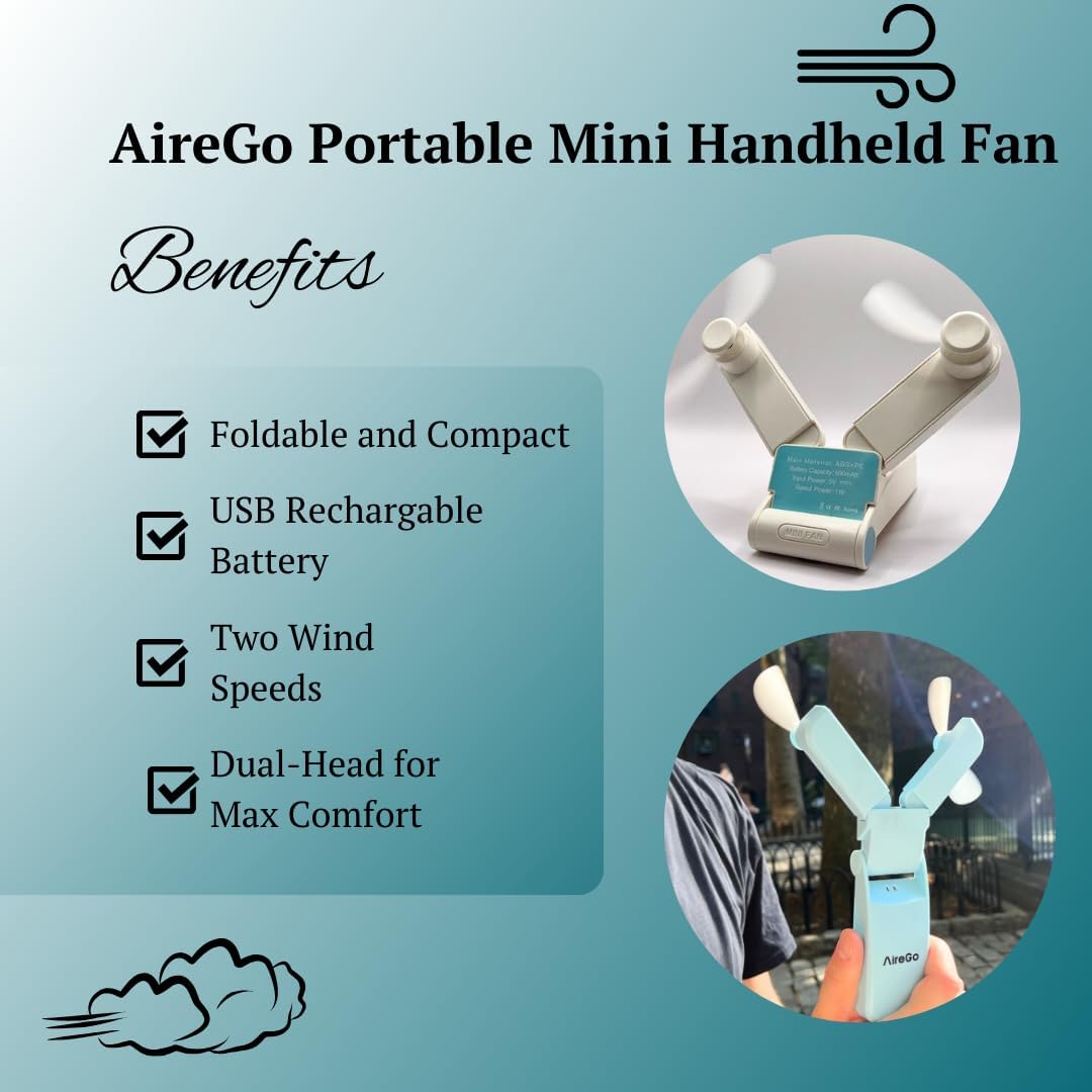 AireGo Mini ventilador de mano portátil, plegable, batería recargable por USB, dos velocidades de viento, viajes, al aire libre, deportes, oficina