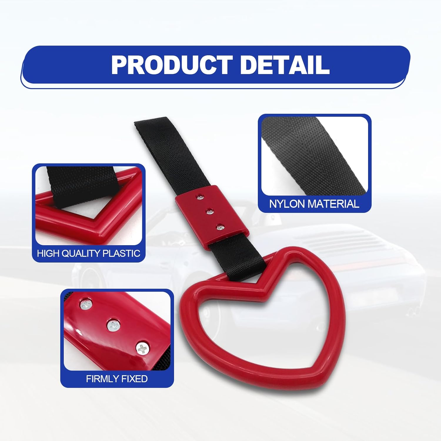 2 anillos decorativos de advertencia para parachoques trasero en forma de corazón, correas para manija de automóvil, autobús de metro, repuesto para