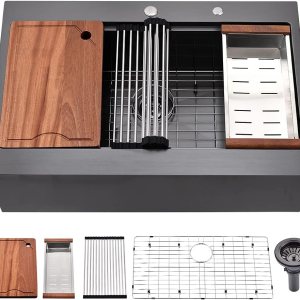 Fregadero de acero inoxidable negro de 30 pulgadas, estación de trabajo, fregadero de cocina de acero inoxidable negro de 30 x 22 pulgadas, repisa Fregadero de acero inoxidable negro de 30 pulgadas, estación de trabajo, fregadero de cocina de acero inoxidable negro de 30 x 22 pulgadas, repisa