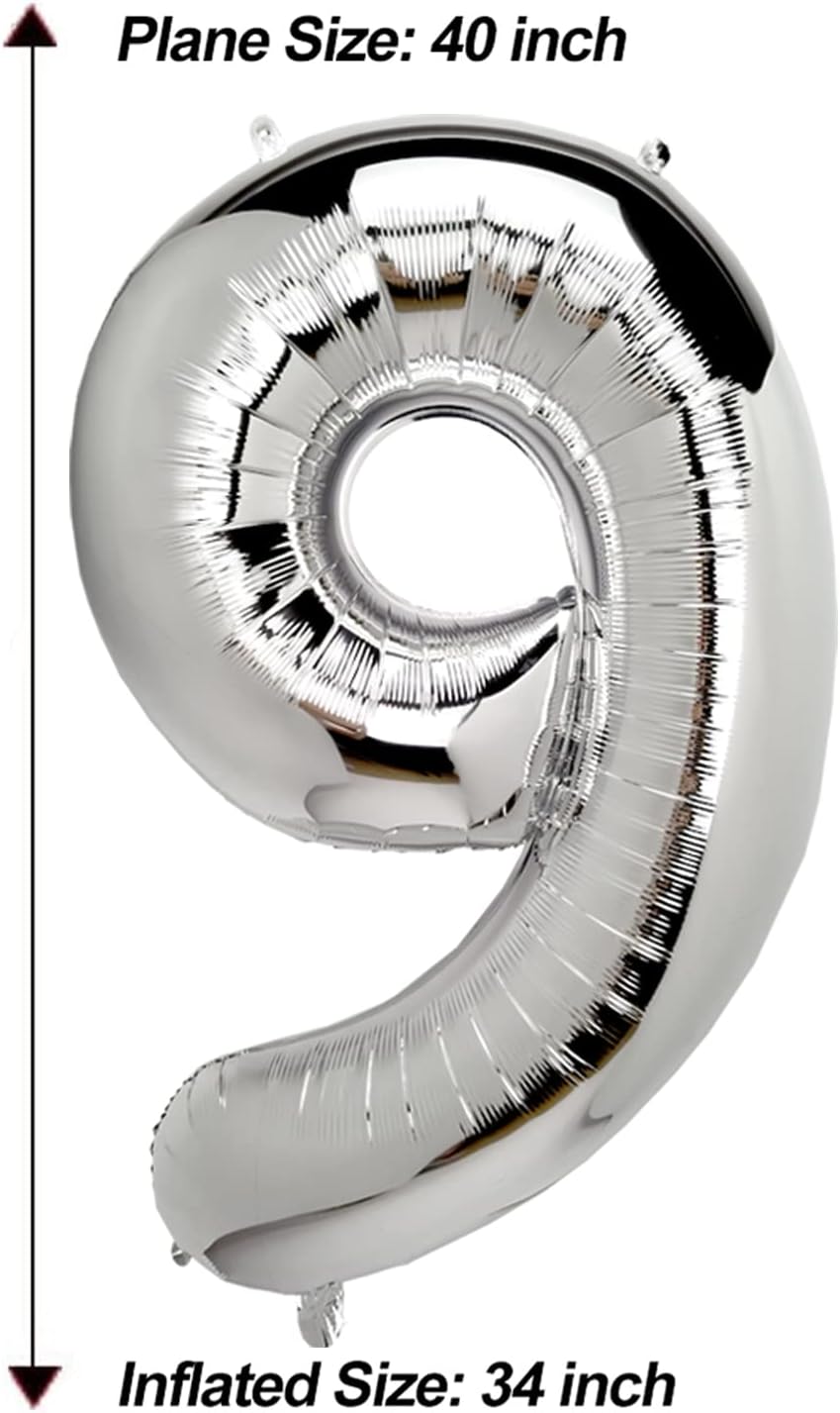 AULE Globos grandes plateados de 40 pulgadas con el número 9, globos de helio de aluminio grandes del 0 al 9, decoraciones gigantes de fiesta de