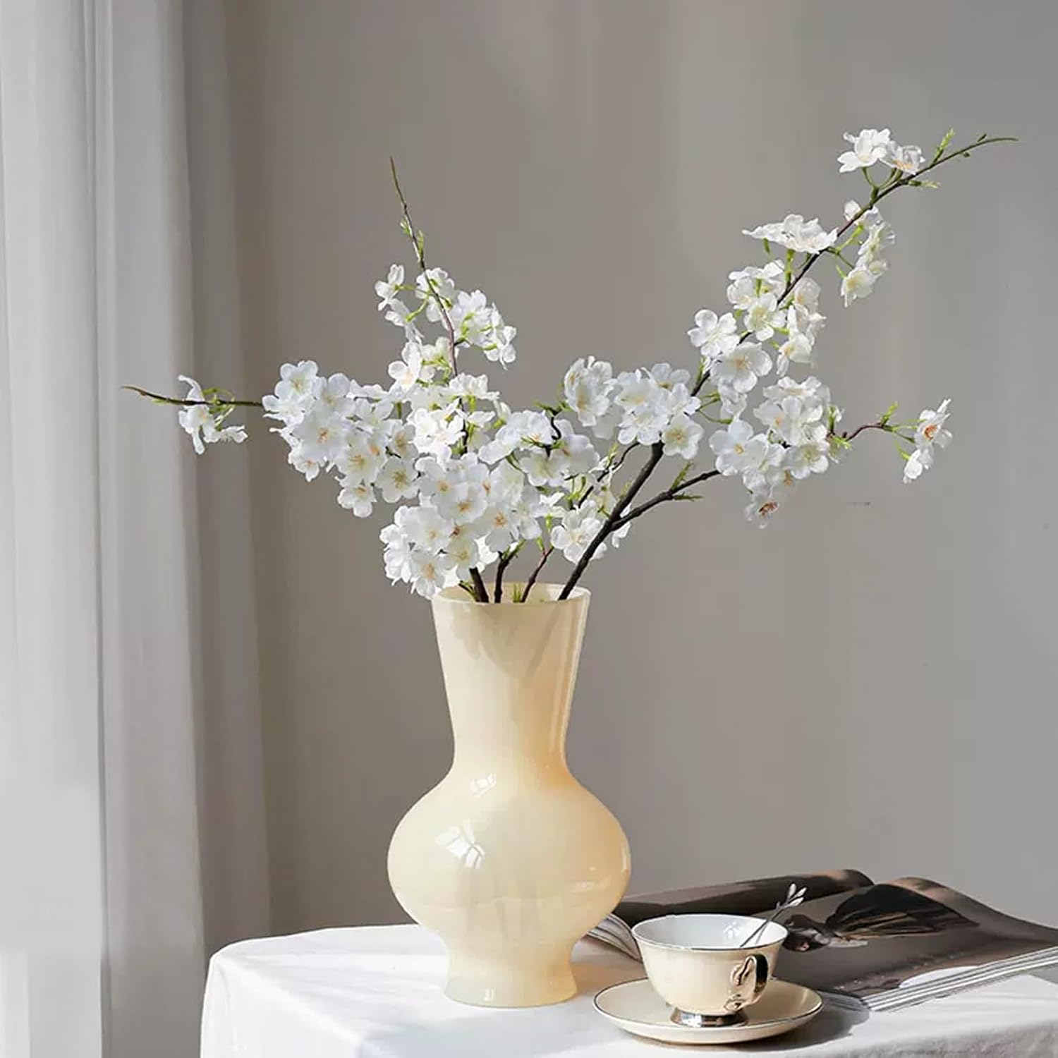 6 ramas artificiales de cerezo de seda de cerezo sintético, tallos altos, flores artificiales para florero, boda, decoración del hogar (blanco)