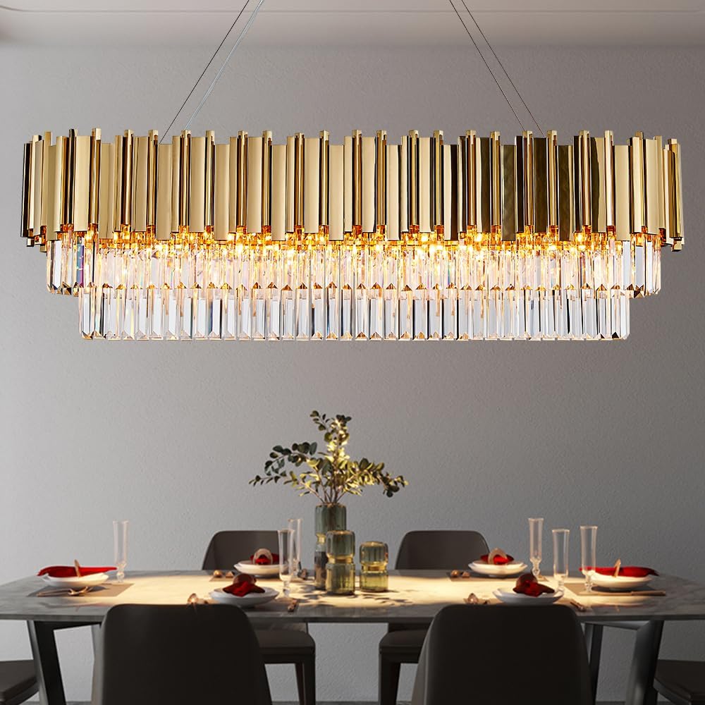 Candelabros modernos de cristal para comedor, luces doradas de lujo de 46 pulgadas, lámpara colgante de techo rectangular para isla de cocina