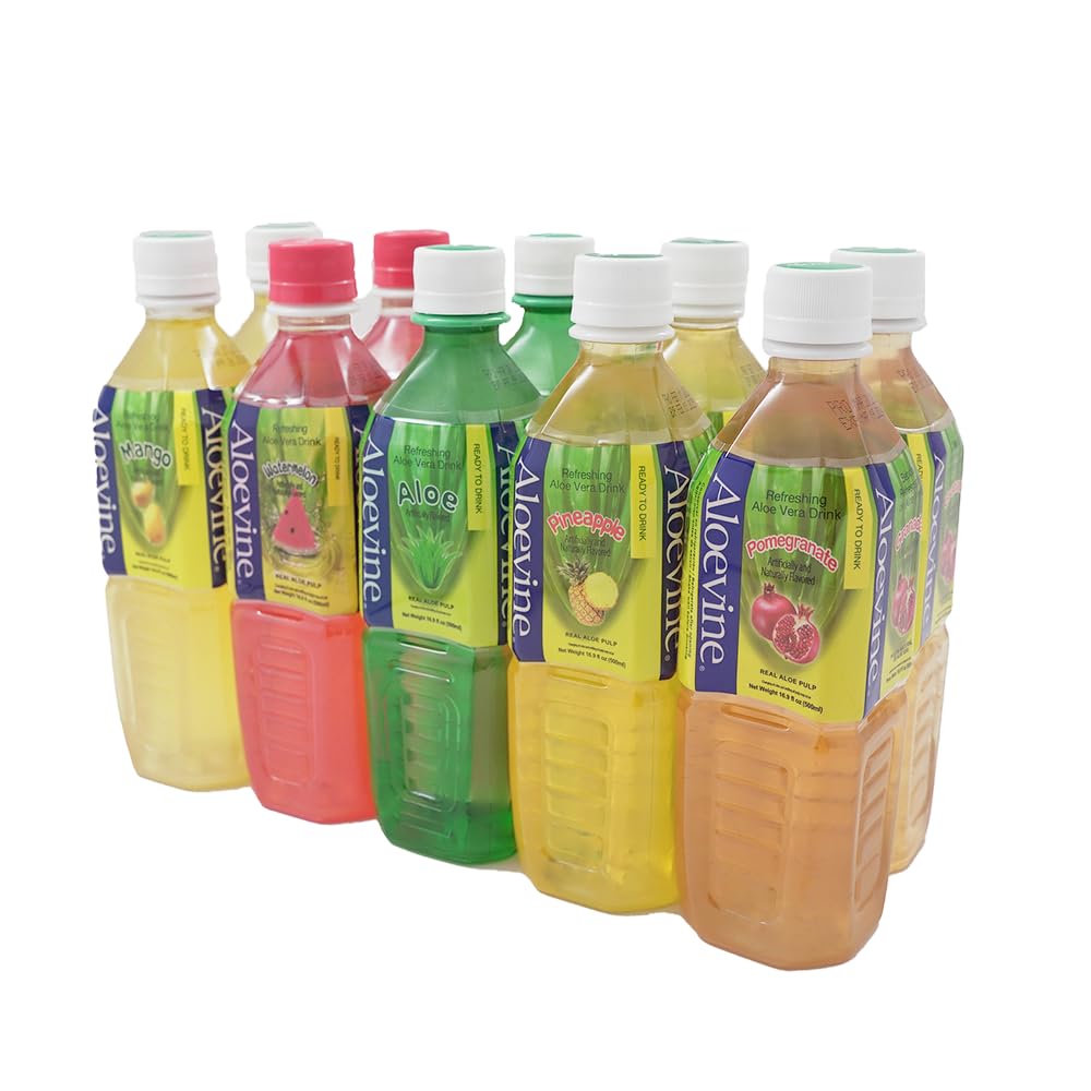 Aloevine Jugo de bebida de aloe vera l variedad  16.9 oz. paquete de 10 l 2 originales, 2 sandías, 2 mangos, 2 granadas, 2 piñas  bebidas vegetales