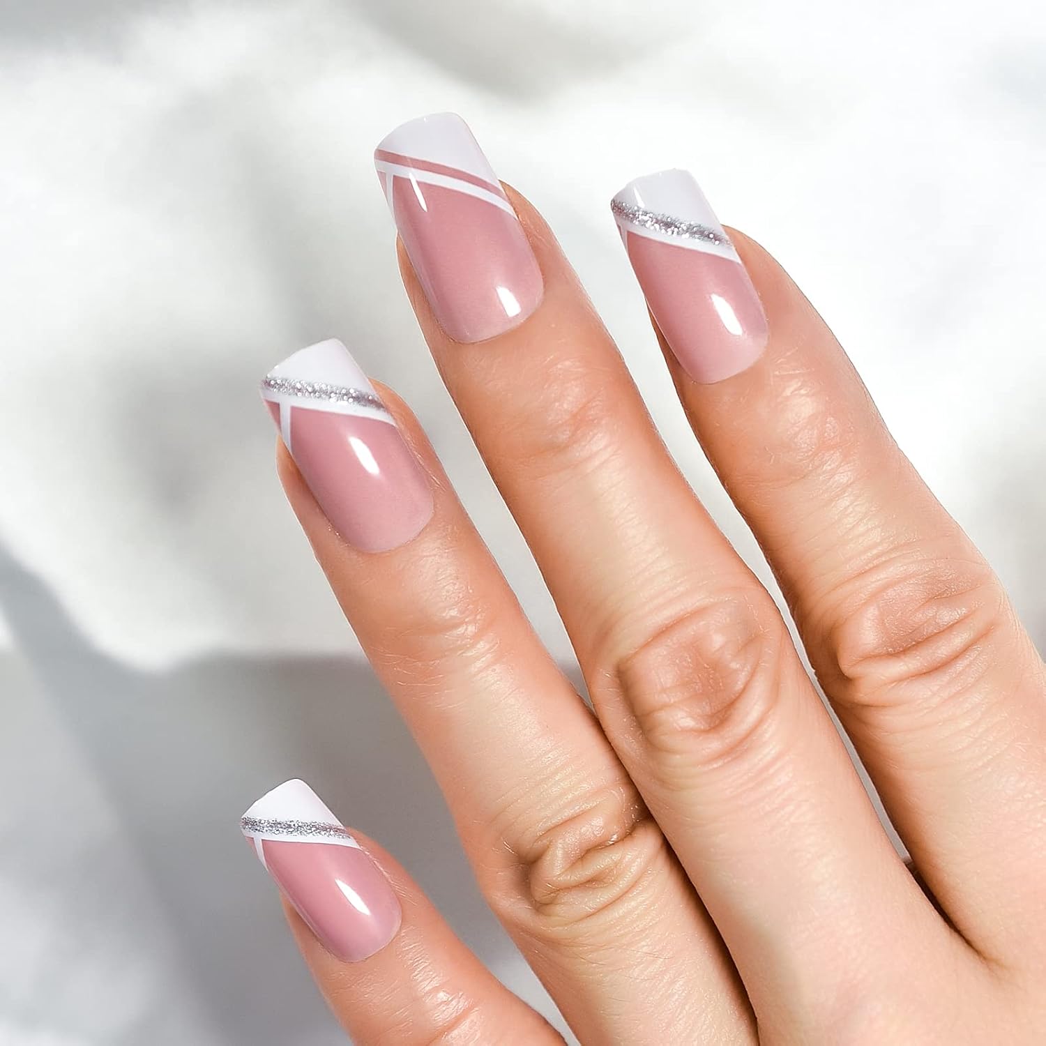 iBeautying – Uñas postizas a presión blancas y rosas francesas, uñas postizas con acabado de gel UV, uñas postizas reutilizables con purpurina