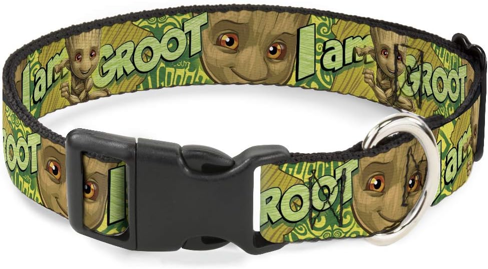 Buckle-Down Collar de perro con clip de plástico para bebé, cara de Groot Pose I Am Groot Browns Greens Amarillos, 6 a 9 pulgadas de ancho de 0.5