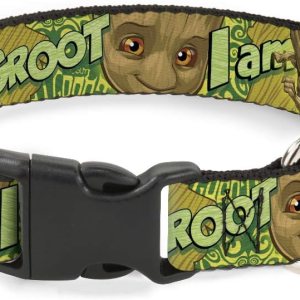 Buckle-Down Collar de perro con clip de plástico para bebé, cara de Groot Pose I Am Groot Browns Greens Amarillos, 6 a 9 pulgadas de ancho de 0.5 Buckle-Down Collar de perro con clip de plástico para bebé, cara de Groot Pose I Am Groot Browns Greens Amarillos, 6 a 9 pulgadas de ancho de 0.5