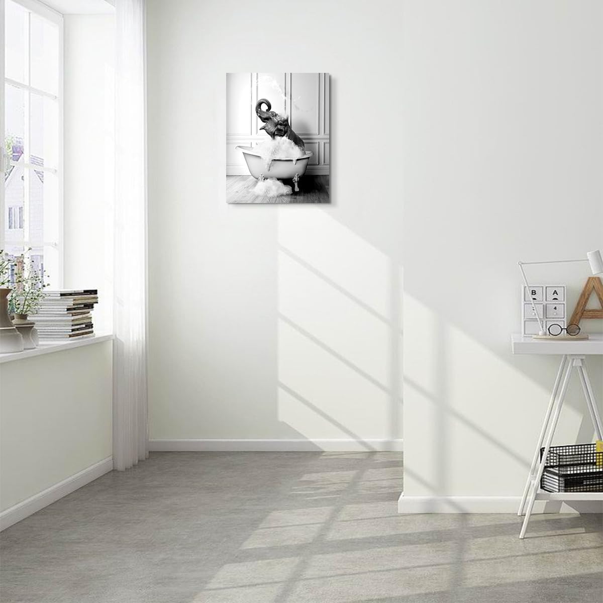 Decoración de baño de elefante, divertidas imágenes artísticas de pared de elefante para baño, lienzo blanco y negro, imágenes de baño, arte de baño