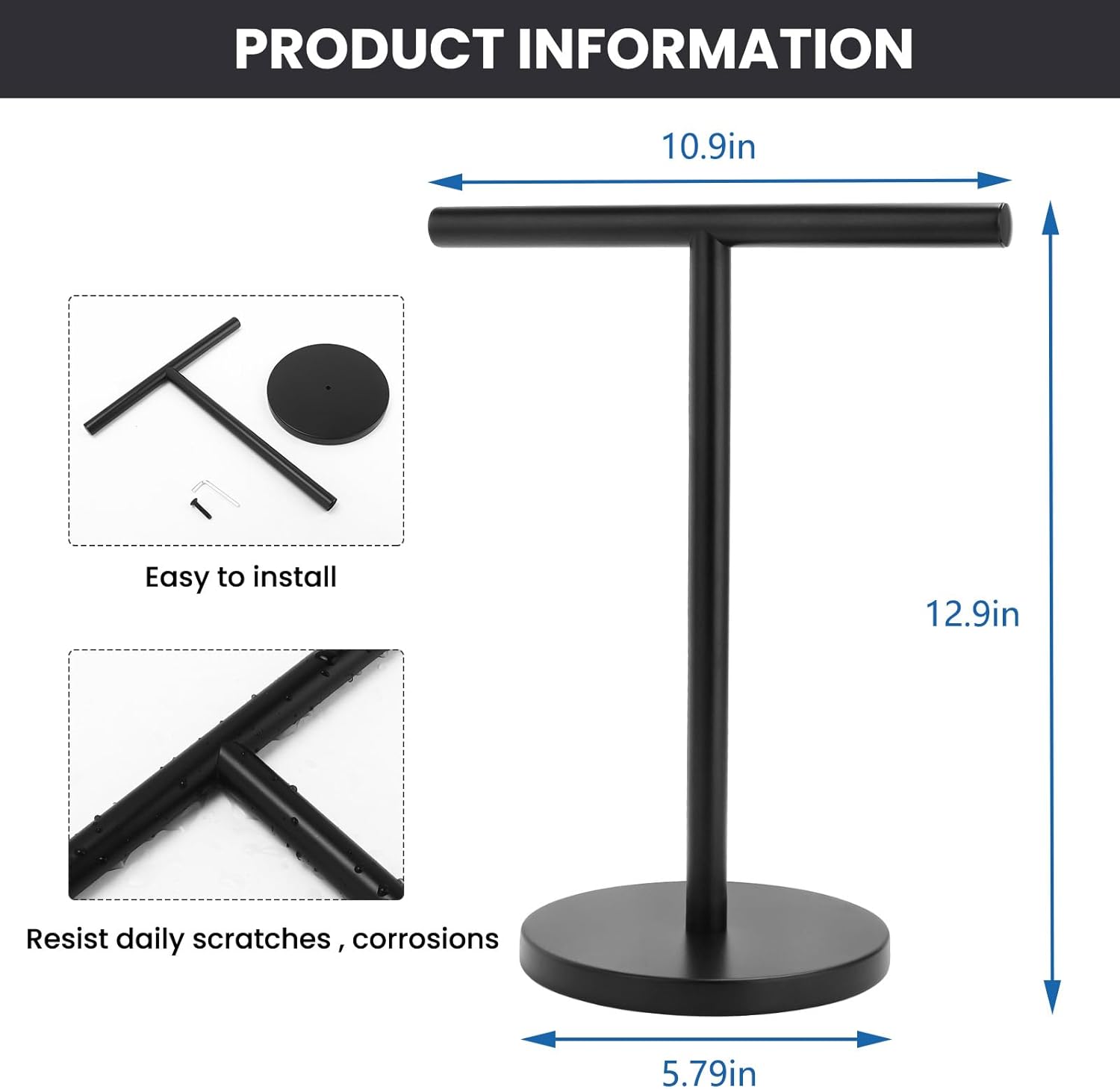 Zitalupy Toallero de mano de baño en forma de T, toallero de mano de acero inoxidable con base pesada, para baño, cocina y encimera, color negro