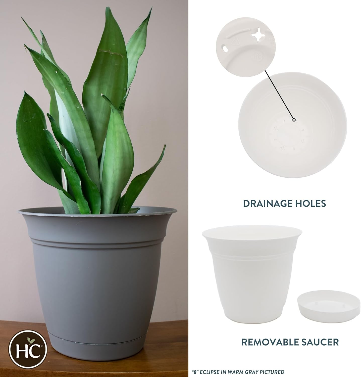 The HC Companies Eclipse Maceta redonda de 6 pulgadas, con platillo, maceta para interiores y exteriores, para flores, verduras y hierbas, blanco