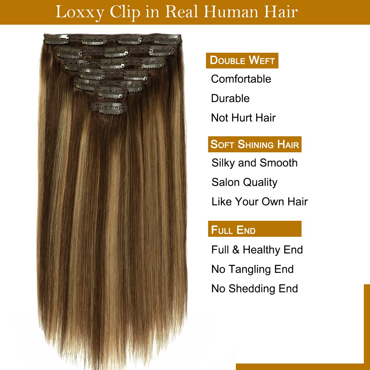 Loxxy Extensiones de cabello humano ombré marrón chocolate a rubio caramelo, gruesas, sedosas, lacias, con clip de doble trama, extensiones de