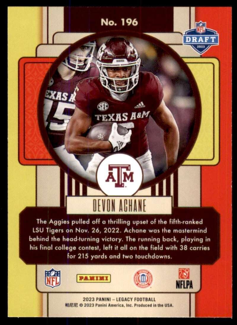 2023 Panini Legacy #196 De’Von Achane RC Rookie Card Texas A&M Aggies Official NFL Football Card in Raw (NM or Better) Condition