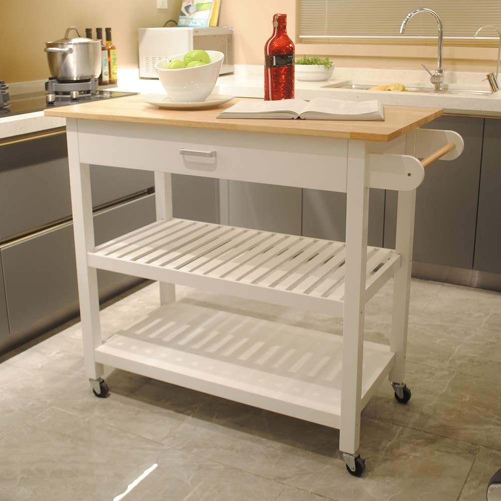 GLANZEND Carrito de isla de cocina, isla de cocina móvil con estante de almacenamiento, cajón, 2 ruedas con cerradura, parte superior de madera de