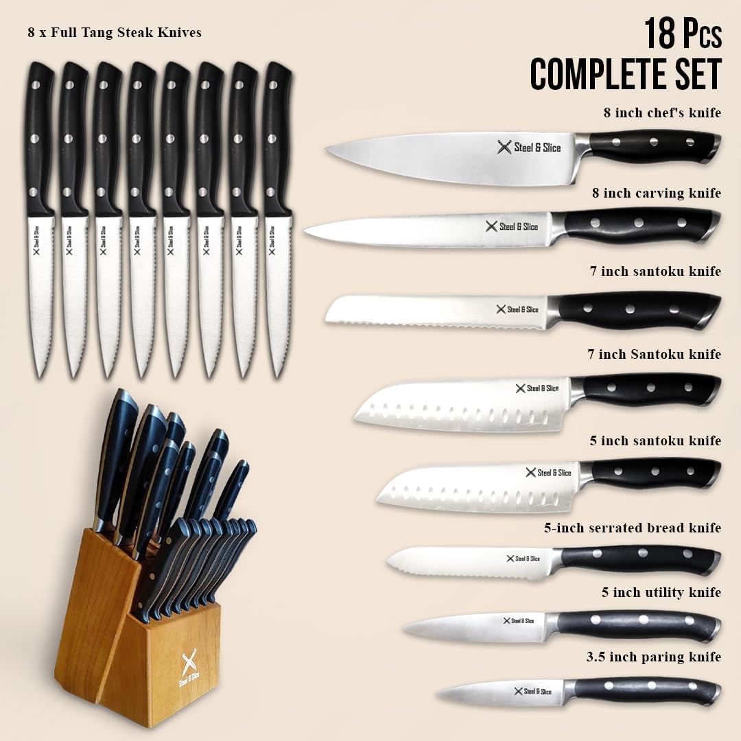 Juego de cuchillos de cocina de acero inoxidable alemán de 19 piezas, juego de bloques de cuchillos premium con afilador de cuchillos, juego de