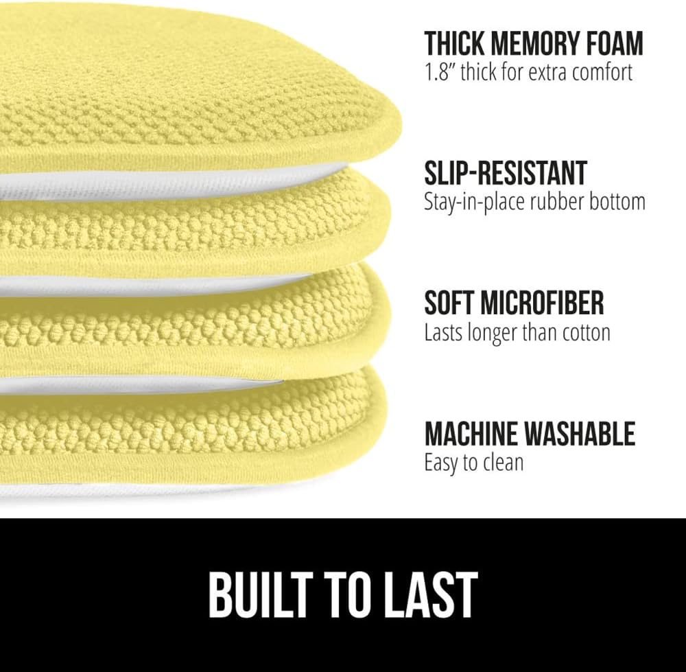 Gorilla Grip – Cojines de espuma viscoelástica para silla, de microfibra, se mantienen en su lugar, juego de 4, 16 x 16 pulgadas, amarillo