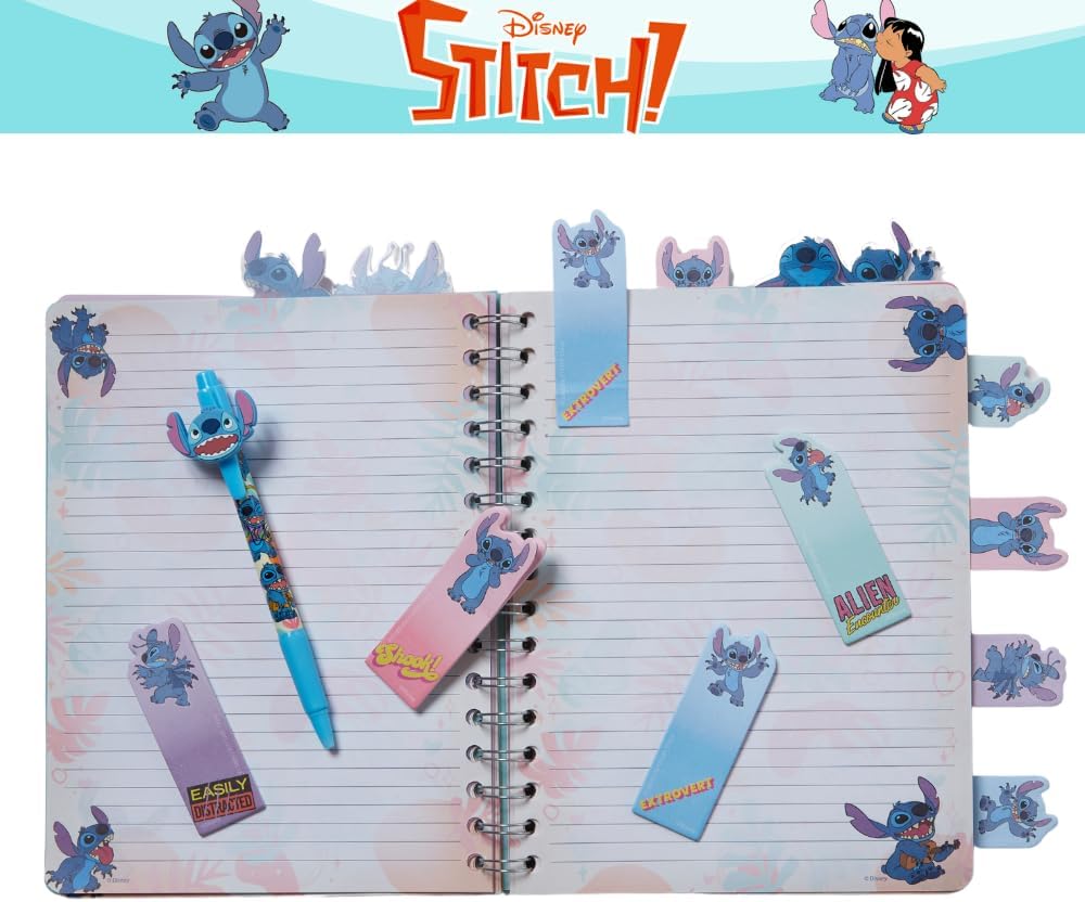 Innovative Designs Disney Stitch – Cuaderno en espiral, bolígrafo, pestañas adhesivas, 96 páginas rayadas, color azul