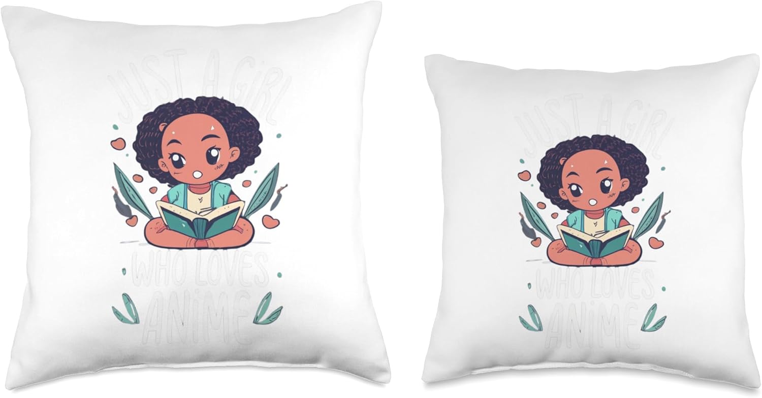 African American Anime Just a girl who loves Anime Just Loves Anime Black Afro Girl Throw Pillow, 18×18, Multicolor