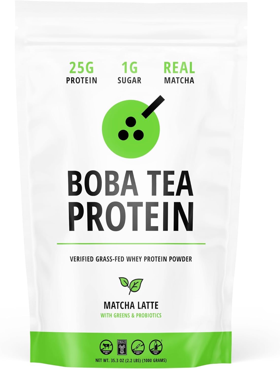 Boba Tea Protein Matcha Latte  25g Grass-Fed Whey Protein Isolate Powder  Gluten-Free & Soy-Free Bubble Tea Protein Drink  Real Ingredients &